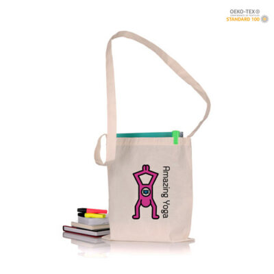 Baumwolltasche Bronte mit 1 extralangem Henkel in Natur – 130 g/m² OEKO-TEX Baumwolle, 34x40 cm, Henkel 118 cm, Kreuznähte, bedrucken