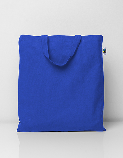 Bio Baumwolltasche kurze Henkel Fairtrade in Royalblau – 145 g/m² Bio-Baumwolle, 38x42 cm, kurze Henkel 35 cm, Fairtrade- & OEKO-TEX-zertifiziert, bedrucken