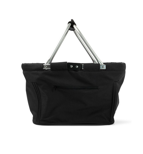 Eikaufskorb Maxi klappbar Schwarz sowie einer kleinen Reisverschlusstasche als Werbekorb bedrucken bei taschenprint.de