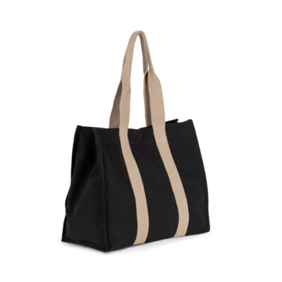 Shoppingtasche Bantry recycelt in Black Night – 285 g/m² recycelte Baumwolle/Polyester, 44x22x38 cm, Seitenfalte, Magnetverschluss, GOTS & Vegan, bedrucken