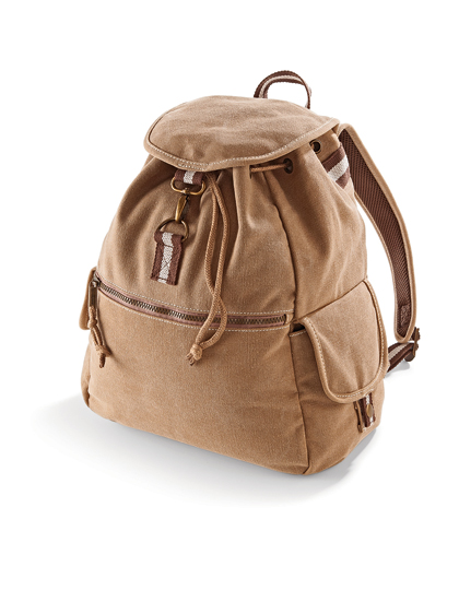 QD612 Vintage Canvas Backpack bedrucken – Frontansicht in Sahara mit zweifarbigen Web-Details