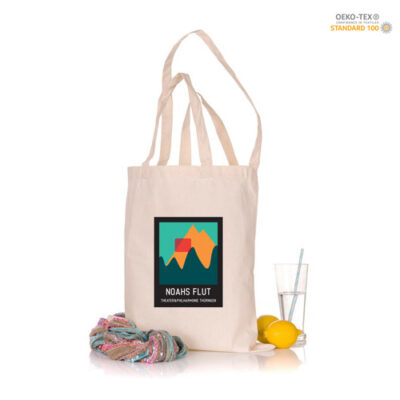 Baumwolltasche extralanger und kurze Henkel in Natur – 140 g/m² OEKO-TEX Baumwolle, 38x42 cm, 2 kurze Henkel 35 cm + 1 extralanger Henkel 80 cm, Kreuznähte, bedrucken