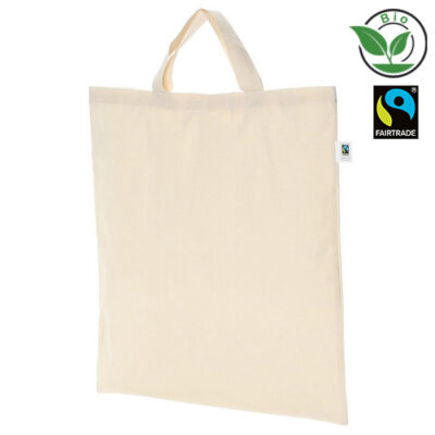 Baumwolltasche aus Bio- und fartrage-zertifizierter Baumwolle kurze Henkel Fairtrade in Natur – 145 g/m² Bio-Baumwolle, 38x42 cm, kurze Henkel 35 cm, Fairtrade- & OEKO-TEX-zertifiziert, seitenansicht, bedrucken