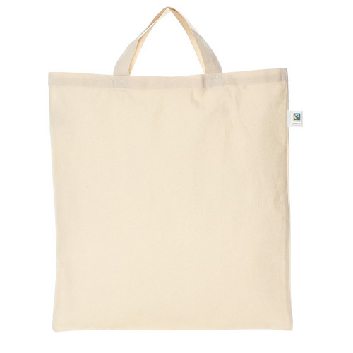 Bio Baumwolltasche kurze Henkel Fairtrade in Natur – 150 g/m² Bio-Baumwolle, 38x42 cm, kurze Henkel 35 cm, Fairtrade- & OEKO-TEX-zertifiziert, bedrucken