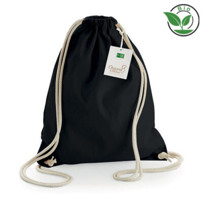 EarthAware Organic Gymsac W810 Westford Mill in Schwarz – 340 g/m² Bio-Baumwoll-Canvas, 37x47 cm, Kordelzugverschluss, Control Union zertifiziert, bedrucken