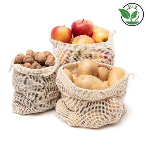 BIO-Netzbeutel Mehrweg Baumwollbeutel in Natur – GOTS-zertifiziert, 3 Größen S 17x20 cm / M 25x35 cm / L 38x42 cm, Doppelkordelzug, naturfarben ungebleicht