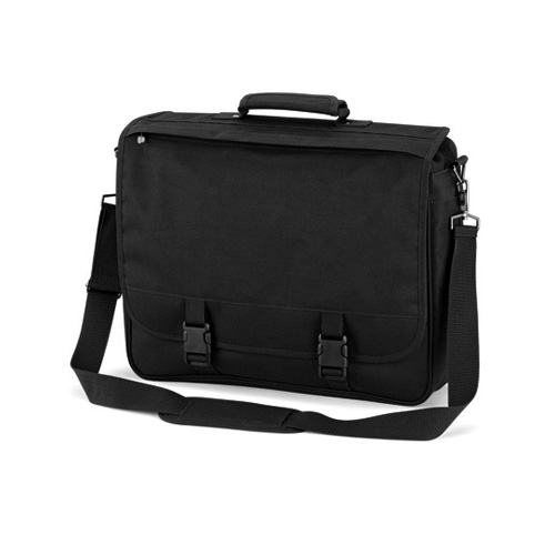 Die Dokumententasche Portfolio Briefcase, eine Businesstasche mit vielen Organizerfächern und Halterungen für Stifte. Vorn und hinten mit zusätzlichen Fächer mit Reißverschluss. Abnehmbarer, verstellbarer Schultergurt mit Karabinerhaken aus Metall. Tragegriff und Schultergurt sind gepolstert. In der Breite erweiterbar duch zusätzlichen Reißverschluss schwarz