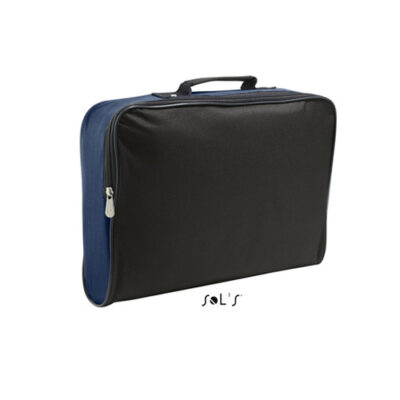Businessbag College ist eine Businesstasche aus hochwertigem Polyester in schwarz mit French Navy Farbakzenten an den Seiten und oben. die Tasche kann bequem an der Front per Reissverschluss geöffnet werden