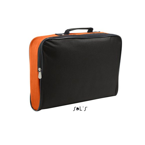 Businessbag College ist eine Businesstasche aus hochwertigem Polyester in schwarz mit orangen Farbakzenten an den Seiten und oben. die Tasche kann bequem an der Front per Reissverschluss geöffnet werden
