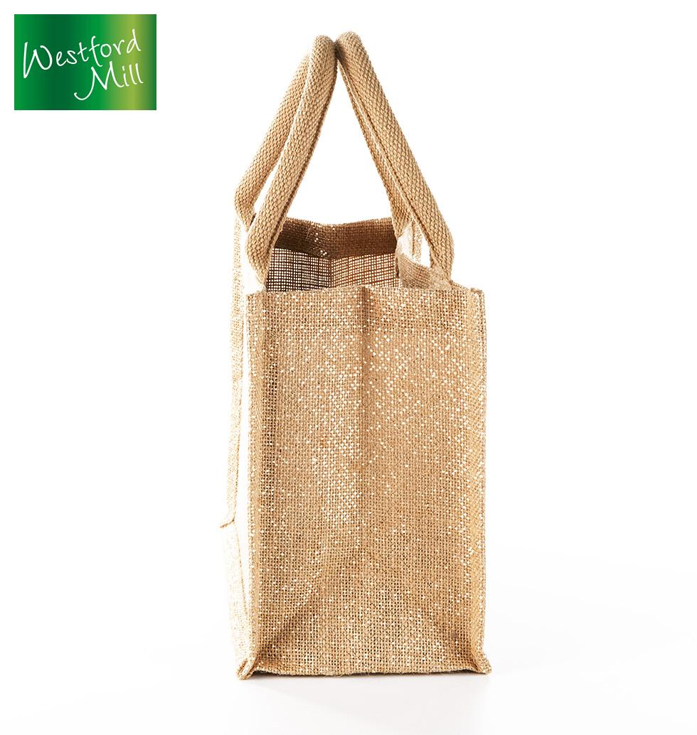 Jutetasche Mini Giftbag glänzend mit runden Baumwollgriffen aufrecht stehend bedruckt bei taschenprint