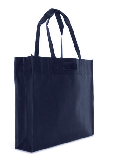 PP-Vliestasche Design Shopper in Dunkelblau – 110 g/m² PP-Vlies, 44x38x10,5 cm, lange Henkel 56 cm + Kurzgriff, Boden- und Seitenfalte, bedruckbar
