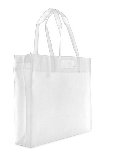 PP-Vliestasche Design Shopper in Weiß – 110 g/m² PP-Vlies, 44x38x10,5 cm, lange Henkel 56 cm + Kurzgriff, Boden- und Seitenfalte, bedruckbar