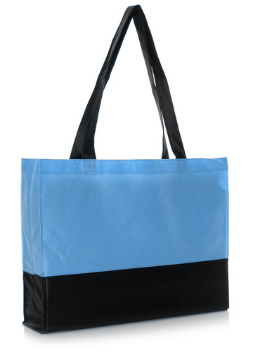 Vliestasche Olza DUO Shopper zweifarbig in Schwarz-Hellblau – 80 g/m² PP-Vlies, 38x29x10 cm, Boden- und Seitenfalte, lange Henkel, bedruckbar