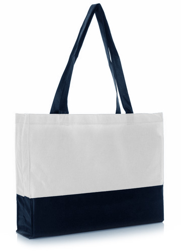 Vliestasche Olza DUO Shopper zweifarbig in Navy-Weiß – 80 g/m² PP-Vlies, 38x29x10 cm, Boden- und Seitenfalte, lange Henkel, bedruckbar