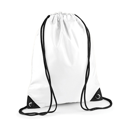 Premium Polyesterturnbeutel Gymsac BG10 von BagBase Weiß mit schwarzen Kordeln