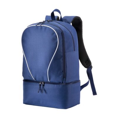 Sport Rucksack Albi bedrucken in Blau mit geöffnetem separatem Schuhfach im Boden