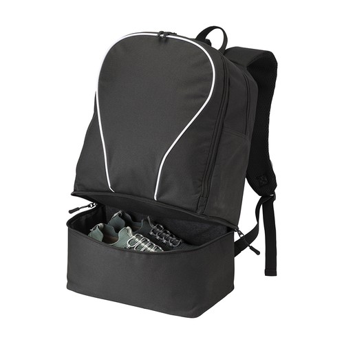 Sport Rucksack Albi in Schwarz, separates Schuhfach geöffnet, Werberucksack aus 600D Polyester