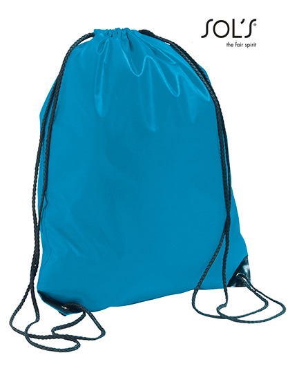Turnbeutel Backpack Urban SOL's Polyester in Aqua – 210D Polyester, 34,5x45 cm, schwarze Kordeln & Metallösen, wasserabweisend, jetzt bedrucken