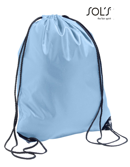 Turnbeutel Backpack Urban SOL's Polyester in Sky Blue – 210D Polyester, 34,5x45 cm, schwarze Kordeln & Metallösen, wasserabweisend, jetzt bedrucken
