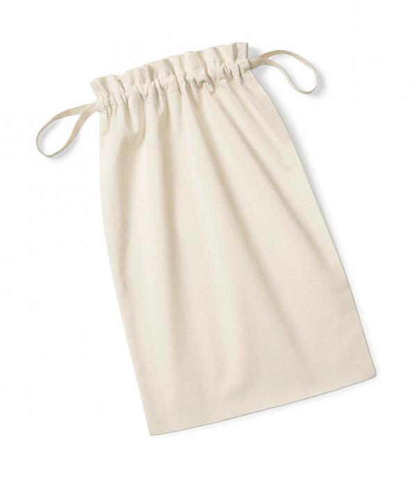 Organic Cotton Draw Cord Bag W118 Westford Mill in Natur – flach ausgelegt mit halbgeöffneter Öffnung, 115 g/m² Bio-Baumwolle, doppelter Kordelzug
