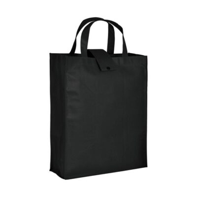 Shopper Non-Woven Moena faltbar in Schwarz – 80 g/m² PP-Vlies, 32x42x13 cm, Klettverschluss, kurze Henkel, bedrucken