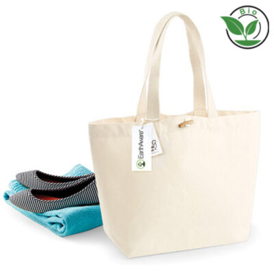 Organic Baumwolltasche Marina L W850 Westford Mill in Natur – 340 g/m² Bio-Baumwoll-Canvas, 34x34x17 cm, Knebelverschluss aus Naturholz, Henkel 60 cm, bedrucken