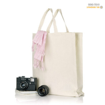 Baumwolltasche Hani mit Bodenfalte in Natur – 140 g/m² OEKO-TEX Baumwolle, 38x42x5 cm, kurze Henkel 35 cm, Kreuznähte, bedruckbar