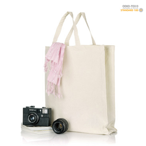 Baumwolltasche Hani mit Bodenfalte in Natur – 140 g/m² OEKO-TEX Baumwolle, 38x42x5 cm, kurze Henkel 35 cm, Kreuznähte, bedruckbar