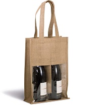 Jutetasche Flaschenbeutel Geschenktasche aus laminierter Jute in natur mit PVC-Klarsichtfenster und 2 flachen Tragegriffen als Werbemittel bei taschenprint.de