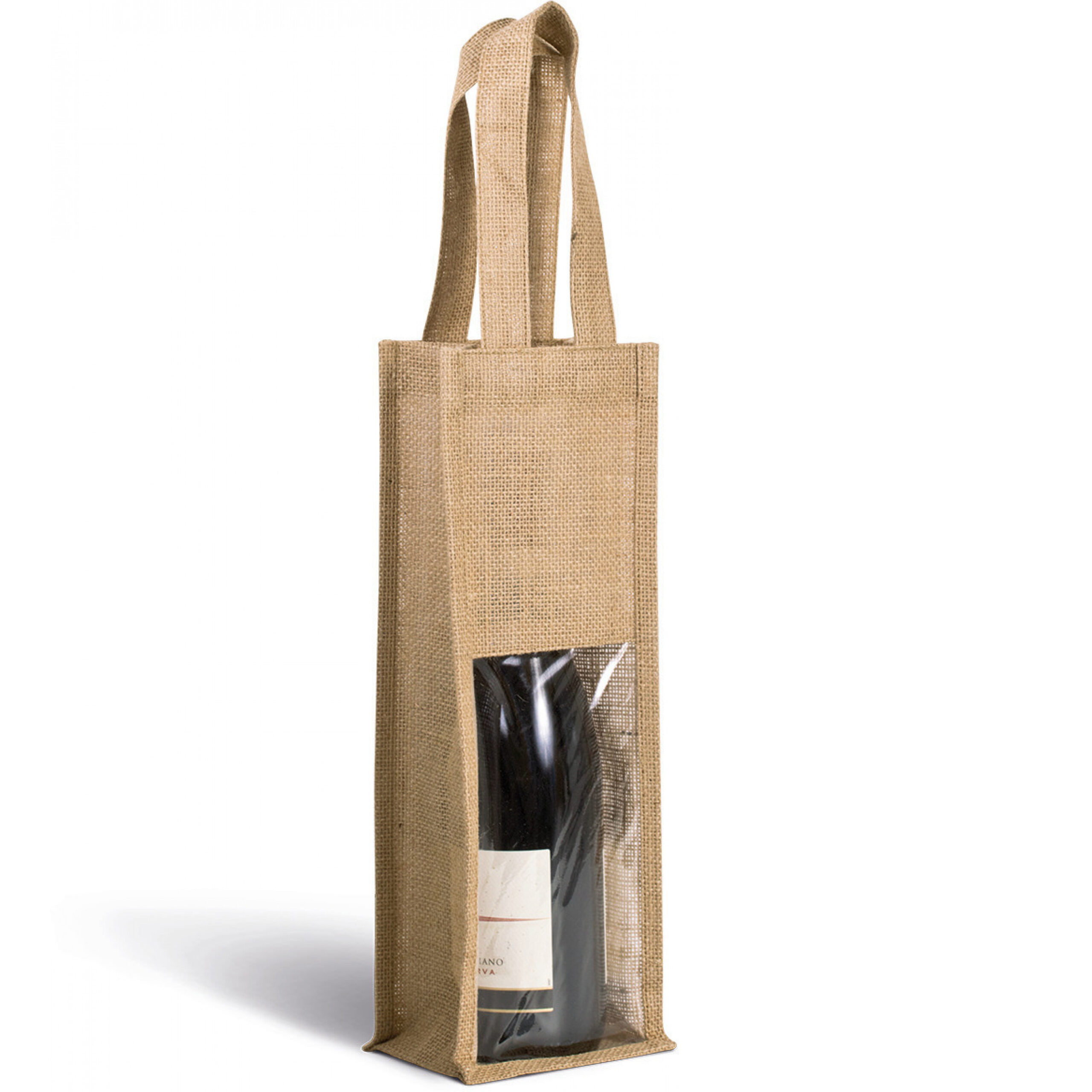 Jutetasche Flaschentasche Geschenktasche für 1 Flasche aus Jute laminiert mit PVC-Klarsichtfenster in der Farbe Natur bei taschenprint.de