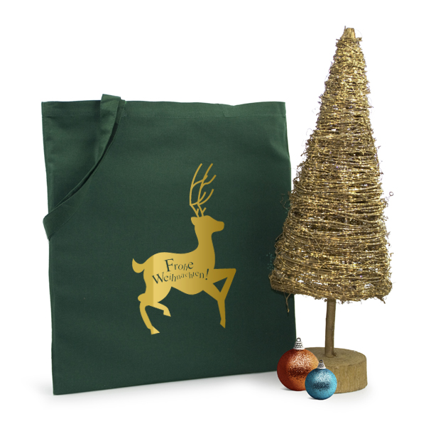 Weihnachtstaschen Mix Geschenktaschen aus Baumwolle in vielen bunten Farben mit Weihnachtsmotiv Rentier in gold oder silber bedruckt