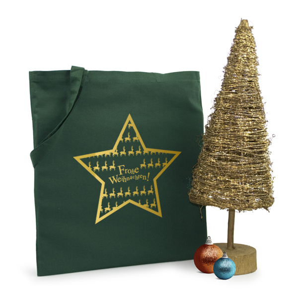 Weihnachtstaschen Mix Geschenktaschen aus Baumwolle in vielen bunten Farben mit Weihnachtsmotiv Stern in gold oder silber bedruckt