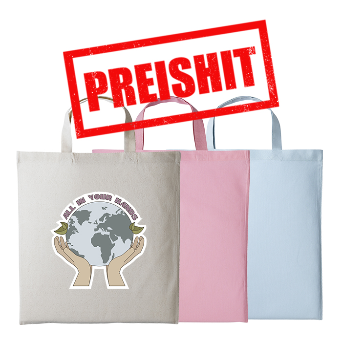 Baumwolltasche Basic Preishit kurze Henkel in Natur, Rosa und Hellblau – 140 g/m² OEKO-TEX Baumwolle, 38x42 cm, günstig bedrucken ab 250 Stück
