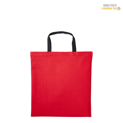 Baumwolltasche farbige kurze Henkel in Rot-Schwarz – 140 g/m² Baumwolle, 38x42 cm, kurze Henkel 35 cm, 16 Farbkombinationen, bedrucken