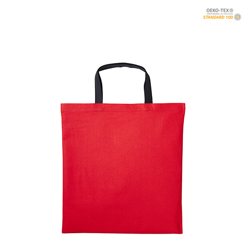 Baumwolltasche farbige kurze Henkel in Rot-Schwarz – 140 g/m² Baumwolle, 38x42 cm, kurze Henkel 35 cm, 16 Farbkombinationen, bedrucken