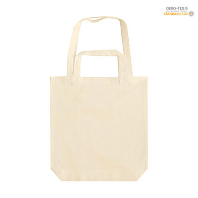 Baumwolltasche lange und kurze Henkel mit Bodenfalte in Natur – 140 g/m² OEKO-TEX Baumwolle, 38x42x10 cm, 2 kurze Henkel 35 cm + 2 lange Henkel 60 cm, bedruckbar