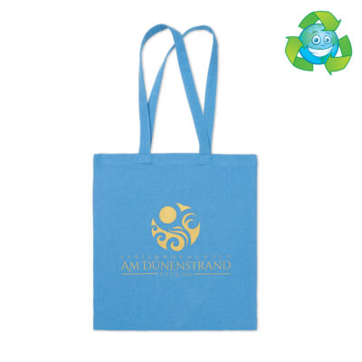 Recycling Baumwolltasche Libelle Premium in blau mit goldenem Logo nachhaltige und wiederverwendbare Tasche zum Bedrucken bei taschenprint