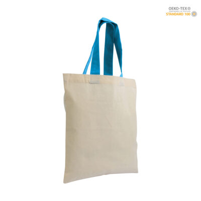 Baumwolltasche Medium farbige Henkel in Natur-Blau – Seitenansicht, 135 g/m² Baumwolle, 26x32 cm, Druckfläche max. 17x20 cm, bedrucken