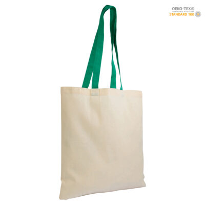 Baumwolltasche Norcia natur mit grünen Henkeln – Seitenansicht, 135 g/m² Baumwolle, 38x42 cm, lange Schulterhenkel, bedruckbar