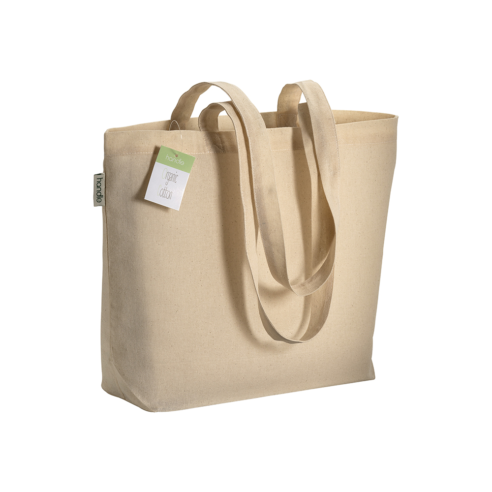 Midi Bio-Baumwolltasche Cento in Natur – Schrägansicht aufgestellt, 120 g/m² Bio-Baumwolle, 40x30x10 cm, Bodenfalte sichtbar, Kreuznähte, bedrucken