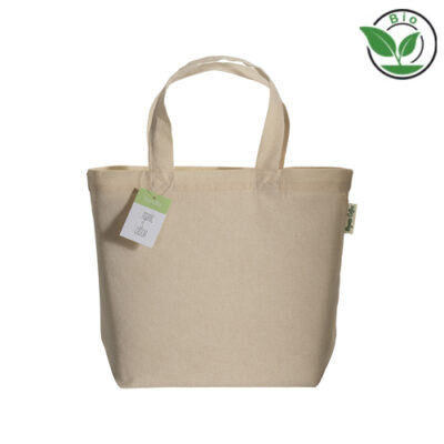 Mini Bio-Baumwolltasche Zocca in Natur – 120 g/m² Bio-Baumwolle, 32x24x10 cm, Bodenfalte, kurze Henkel, OEKO-TEX & Bio-zertifiziert, bedrucken