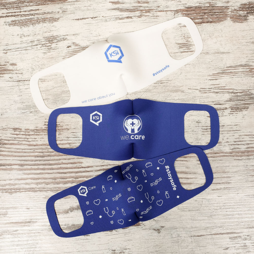 Neopren Hygienemaske als Mundschutz 1-lagig in weiß oder blau mit Logo oder Spruch bedruckt bei tasc