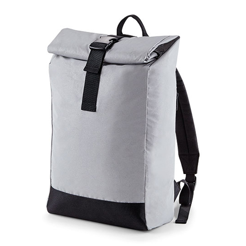 RRucksack Reflective Roll-Top BG138 bedrucken – Frontansicht in Silber