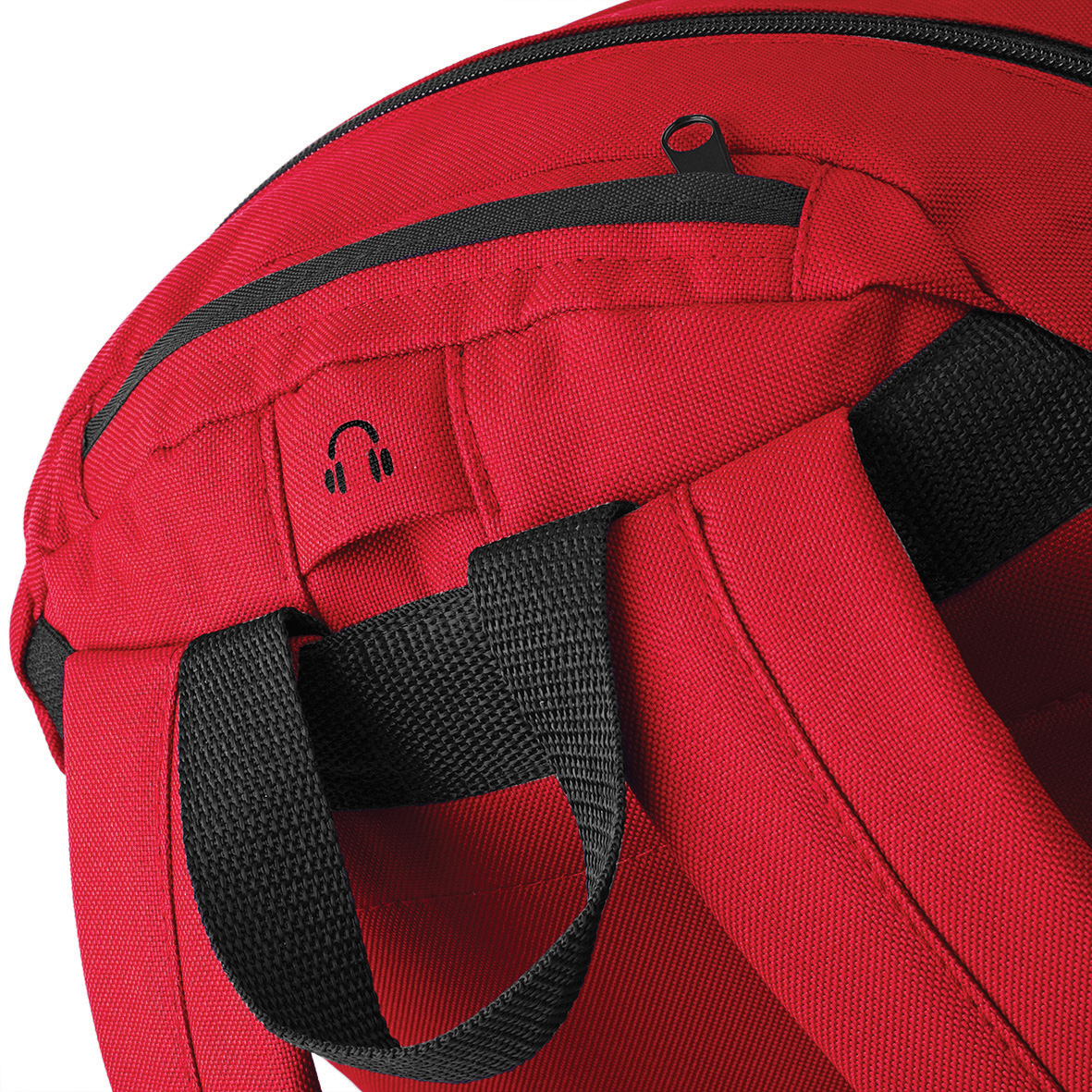 BG212 Universal Backpack bedrucken – Detailansicht Halterung und Kabelöffnung in Rot