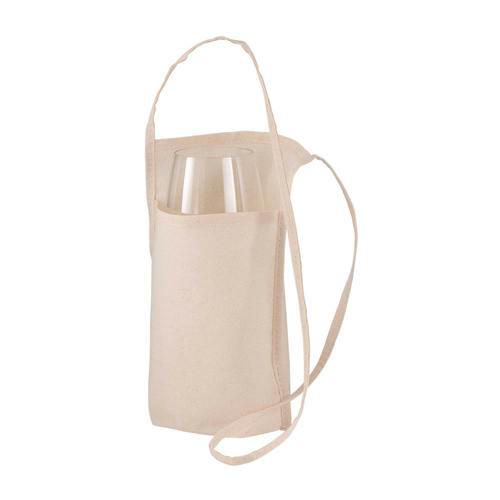 Baumwolltasche Pinot Getränkehalter Umhängetasche in Natur – 18x22x10 cm, 100 % Baumwolle, mit Weinglas befüllt, langer Umhängehenkel, bedrucken