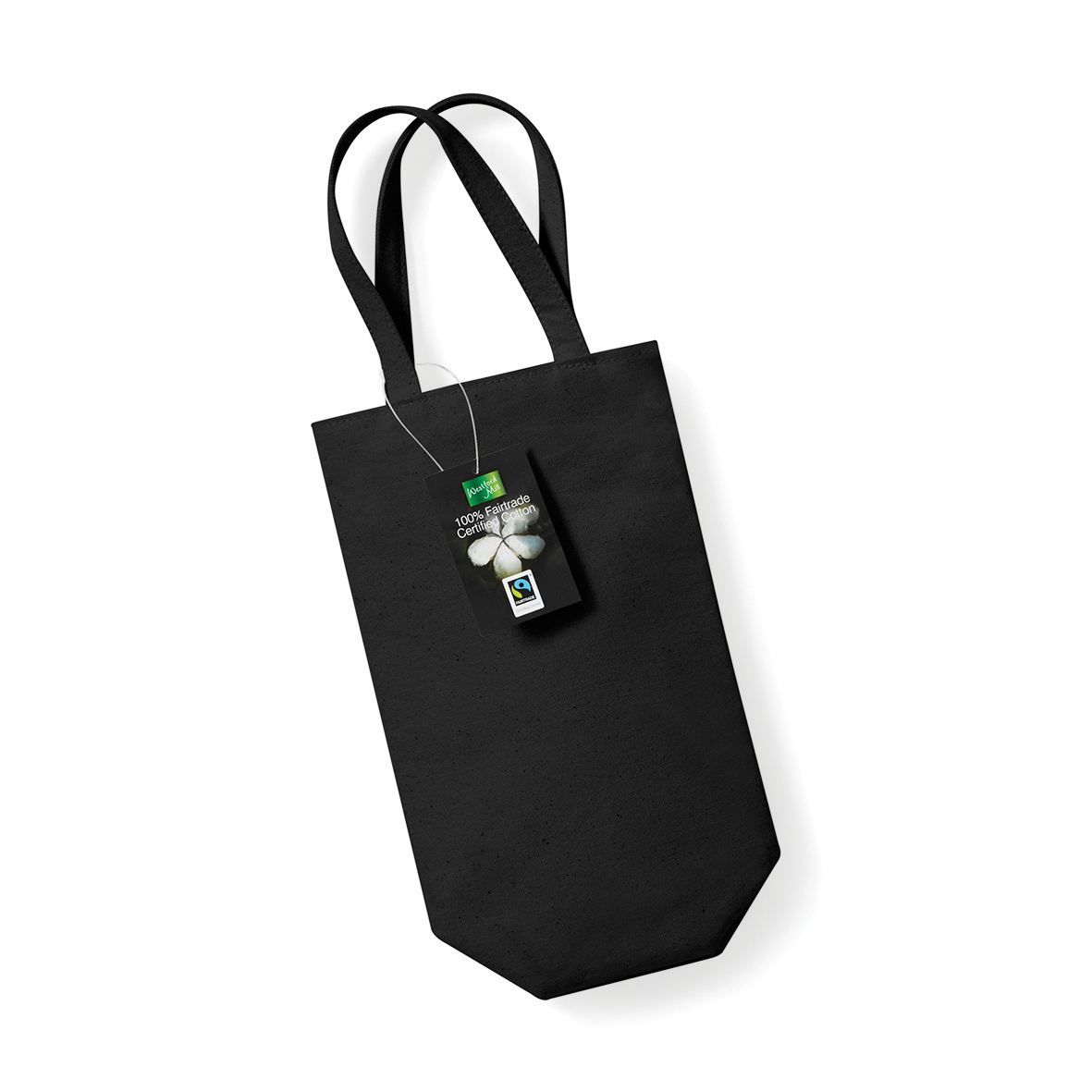 Flaschentasche Fairtrade Baumwolle in der Farbe Schwarz liegend und zusammengefalltet bedruckt taschenprint