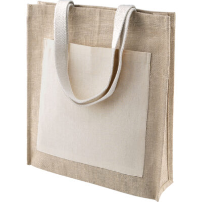 Jutetasche Shopper mit Fronttasche in der Farbe Natur mit Fronttasche aus Baumwolle und schlaf runterhängenden Henkeln