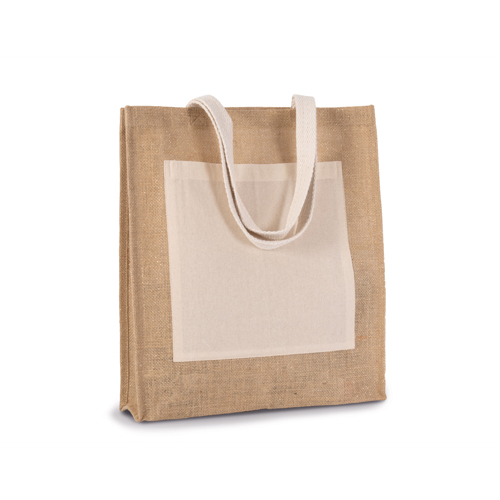 Jutetasche Shopper mit Fronttasche in der Farbe Natur mit Fronttasche aus Baumwolle und schlaf runterhängenden Henkeln in der Seitenansicht