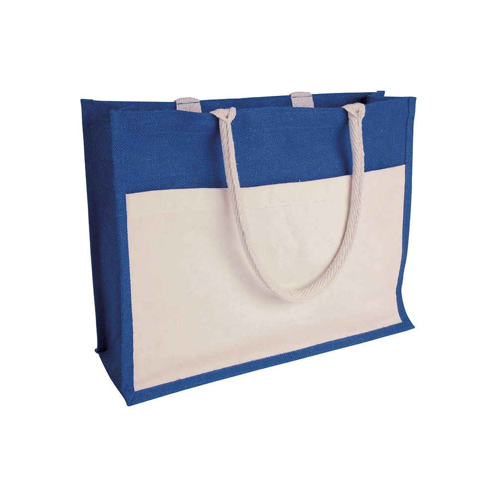 Jute Shopper mit Vordertasche aus Baumwolle naturfarben in Blau zum Bedrucken als Werbemittel