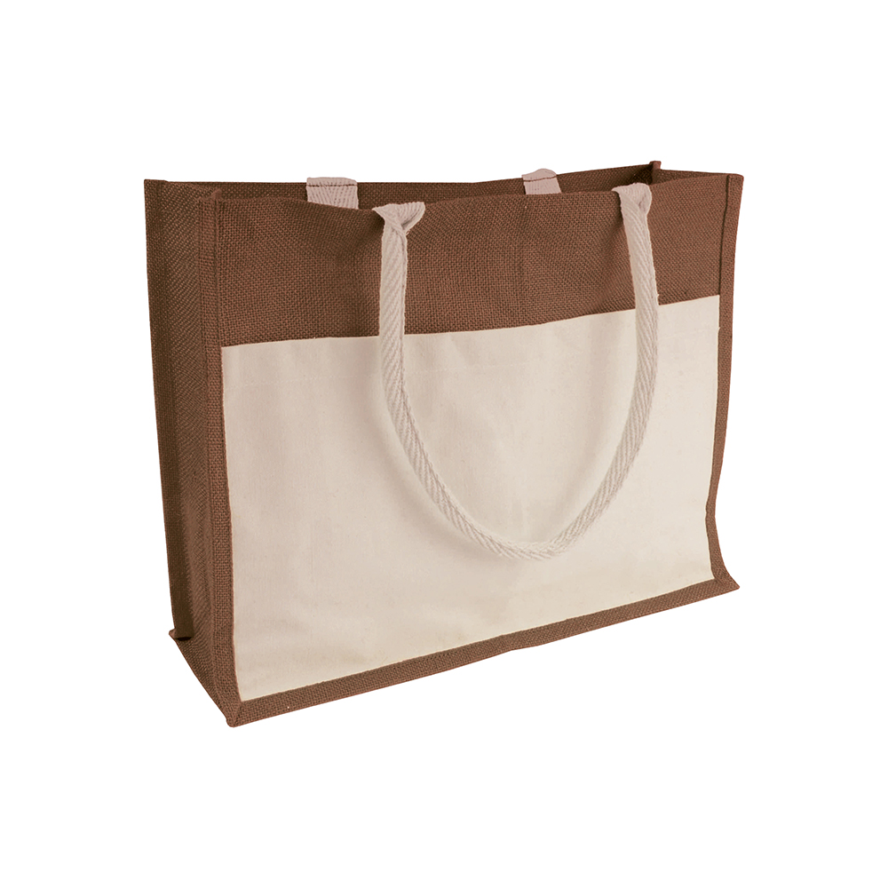 Jute Shopper mit Vordertasche aus Baumwolle naturfarben in Braun zum Bedrucken als Werbemittel